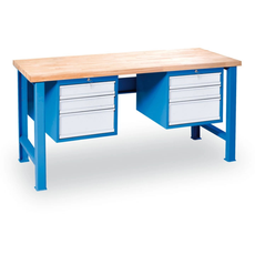 Dielenský pracovný stôl GD s 2 závesnými boxami na náradie, buková škárovka, 6 zásuviek, 1700 x 800 x 850 mm, modrá