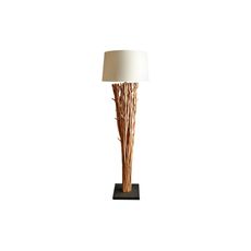 Estila Etno stojaca lampa Euphoria z naplavených konárov s okrúhlym krémovým ľanovým tienidlom a čiernou štvorcovou podstavou 175 cm