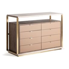 Estila Luxusná art deco obdĺžniková travertínová komoda Monia so zlatým kovovým rámom a ôsmimi zásuvkami z masívneho dreva 134 cm
