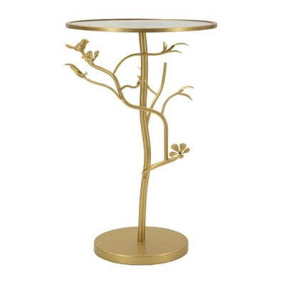 Estila Dizajnový okrúhly zlatý kovový príručný stolík Natura Elegante s florálnym zdobením a vrchnou sklenenou doskou 60 cm