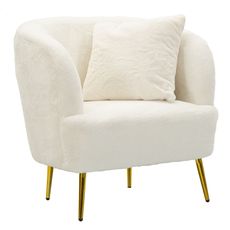 Estila Dizajnové glamour kreslo Cally so zlatými nožičkami a bielym poťahom z umelej kožušiny s vankúšom 78 cm