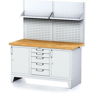 Dielenský stôl MECHANIC I , perforovaný panel, polica, 2 skrinky a zásuvkový box na náradie, 5 zásuviek, 1500x685x880 mm, sivé dvere