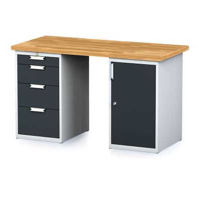 Dielenský stôl MECHANIC I so zásuvkovým boxom a skrinkou na náradie namiesto nôh, 4 zásuvky, 1500 x 685 x 880 mm, antracitové dvere