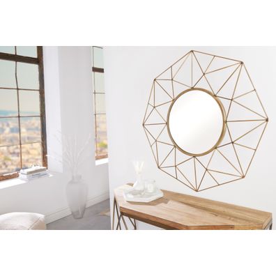 Estila Dizajnové okrúhle art deco zrkadlo Xoia s kovovým rámom s diamantovým dizajnom v matnej zlatej farbe 80 cm