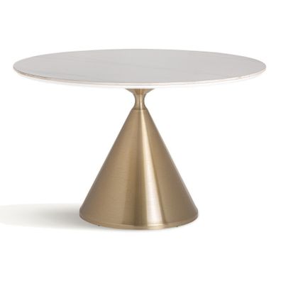 Estila Luxusný art deco biely okrúhly jedálenský stôl Cronos s kamennou vrchnou doskou a zlatou nohou 120 cm