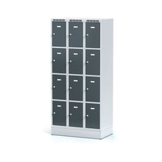Šatníková skrinka na sokli s úložnými boxami, 12 boxov, 1920 x 900 x 500 mm, cylindrický zámok, tmavosivé dvere