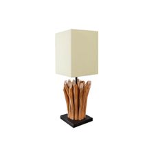 Estila Etno štvorcová masívna stolná lampa Roots s krémovým ľanovým tienidlom a dekoratívnou nohou z drevených konárov 55 cm