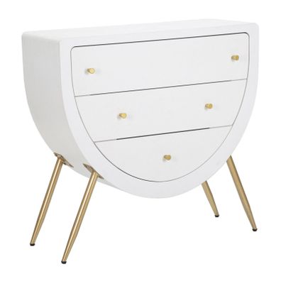 Estila Art deco oblý biely drevený konzolový stolík Anila s tromi zásuvkami a zlatými kovovými nožičkami 80 cm