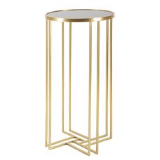 Estila Art deco okrúhly zlatý kovový príručný stolík Starsy s nohou z tyčí s geometrickým detailom a vrchnou sklenenou doskou 80 cm