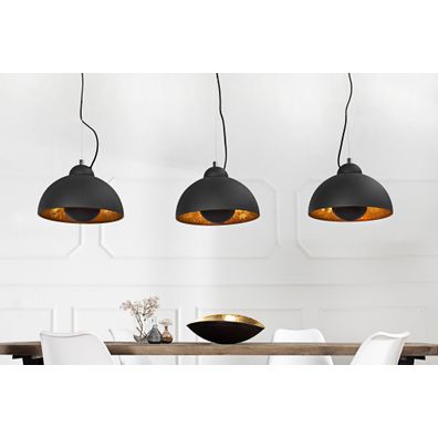 Estila Industriálna čierna závesná lampa Raval s tromi okrúhlymi tienidlami s obdĺžnikovou krytinou so zlatými detailmi 140 cm