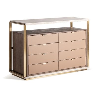 Estila Luxusná art deco obdĺžniková travertínová komoda Monia so zlatým kovovým rámom a ôsmimi zásuvkami z masívneho dreva 134 cm