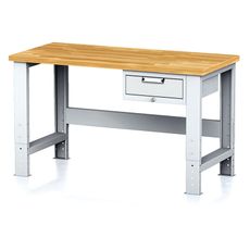Nastaviteľný dielenský stôl MECHANIC I, závesný box na náradie, 1 zásuvka, 1500x685x700-1055 mm, sivé dvere