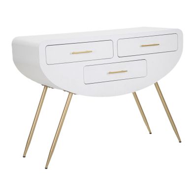 Estila Art deco atypický biely konzolový stolík Anila s tromi zásuvkami a zlatými kovovými detailmi 110 cm