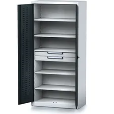 Policová dielenská skriňa 2-dverová MECHANIC, 5 políc, 2 zásuvky, 920 x 500 x 1950 mm, antracitové dvere