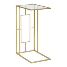 Estila Art deco obdĺžnikový zlatý kovový geometrický príručný stolík Magnus s vrchnou sklenenou priehľadnou doskou 60 cm