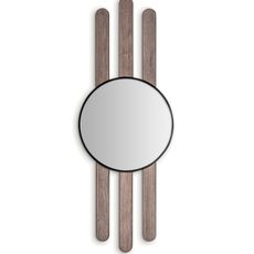 Estila Art deco nástenné okrúhle masívne zrkadlo Missy s čiernym kovovým rámom a hnedým dreveným dekorom 222 cm