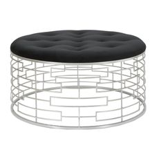 Estila Art deco okrúhla kovová čalúnená čierna zamatová taburetka Smeraldina so striebornou dizajnovou konštrukciou 80 cm