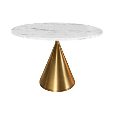 Estila Moderný art deco mramorový okrúhly biely jedálenský stôl Elina so zlatou kovovou kužeľovou nohou 130 cm
