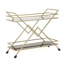 Estila Dizajnový art deco servírovací vozík Triangolo Oro s dvomi čiernymi sklenenými policami a zlatou kovovou konštrukciou 90 cm