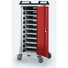 Pojazdný nabíjací vozík pre notebooky a tablety, 10 priehradok, sivá/červená