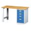 Dielenský pracovný stôl MECHANIC I, pevná noha + dielenský box na náradie, 5 zásuviek, 1500 x 685 x 880 mm, modré dvere