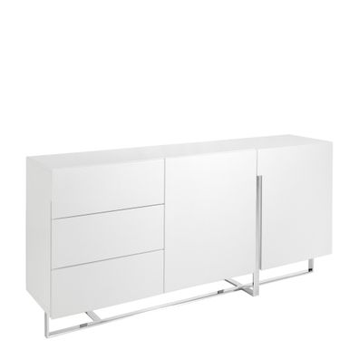Estila Luxusný minimalistický biely príborník Urbano s chrómovou podstavou s dvomi dvierkami a tromi zásuvkami 180 cm
