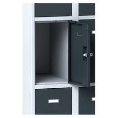 Šatníková skrinka na sokli s úložnými boxami, 12 boxov, 1920 x 900 x 500 mm, cylindrický zámok, tmavosivé dvere