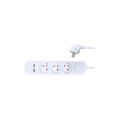 Solight PP111USBC - Predlžovací kábel s vypínačom 3Z + 2xUSB 2m biela