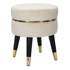 Estila Art deco okrúhla čalúnená zamatová taburetka Laurentia v krémovo farbe so zlatými detailmi a čiernymi nožičkami 40 cm