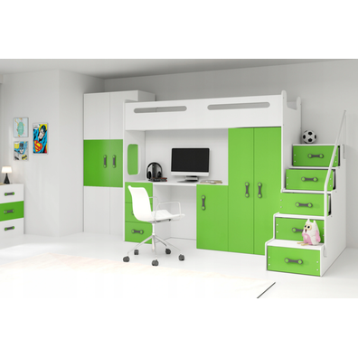 Interbeds MAX 4 poschodová posteľ 258x180 komplet + matrac + písací stôl + šatník zeleno-biela
