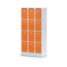 Šatníková skrinka na sokli s úložnými boxami, 12 boxov, 1920 x 900 x 500 mm, otočný zámok, oranžové dvere