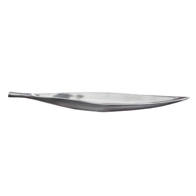 Estila Dizajnová glamour strieborná chrómová kovová misa Leaf s lesklým povrchom v tvare listu so stonkovým detailom 60 cm