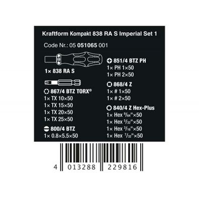 Wera 051065 Držiak bitov Kraftform Kompakt 838 RA S Imperial Set 1 vrátane bitov (sada 14 dielov)