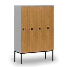 Drevená šatníková skrinka s podnožou, 4 oddiely, 1871 x 1200 x 500 mm, RFID zámok, sivá/buk