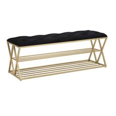 Estila Dizajnová art deco lavica Araccia s dvomi policami na topánky v zlatej farbe s čiernym zamatovým čalúnením 120 cm