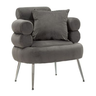 Estila Moderné art deco kreslo Taglia s dizajnovou opierkou so sivým zamatovým poťahom a chrómovými nožičkami 85 cm