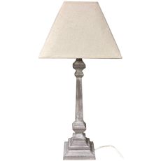 Estila Dizajnová vintage drevená štvorcová stolová lampa Pujla v sivej farbe s bielou patinou a ľanovým krémovým tienidlom 51 cm