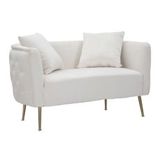 Estila Art deco obdĺžniková biela čalúnená zamatová dvojmiestna sedačka Lienne a oblými opierkami na zlatých kovových nožičkách 127 cm