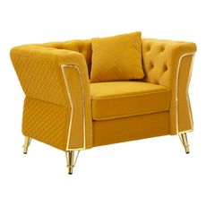 Estila Glamour kreslo Velaria s operadlom v chesterfield dizajne so zamatovým čalúnením v žltej farbe a zlatými detailmi 104 cm