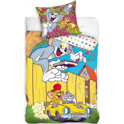 Bavlnené posteľné obliečky Tom a Jerry v žltom kabriolete - 100% bavlna Renforcé - 70 x 90 cm + 140 x 200 cm