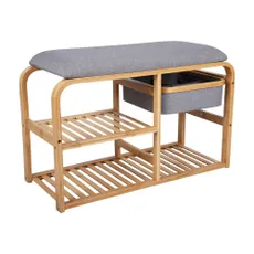 Bambusový polica na topánky so sivým polstrovaním Leitmotiv Bench, šírka 70 cm
