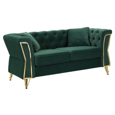 Estila Glamour zelená dvojmiestna sedačka Velaria so zamatovým čalúnením s prešívaním chesterfield na operadle a zlatými detailmi 162cm