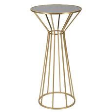 Estila Art deco okrúhly zlatý kovový príručný stolík Melinda s nohou s tyčami a vrchnou sklenenou lesklou doskou 100 cm