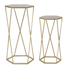 Estila Art deco šesťulohníkový set dvoch príručných stolíkov Hexan s nohou s prútmi do X s vrchnou doskou so sivým zrkadlom 100 cm