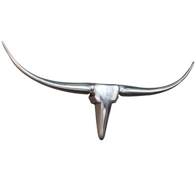 Estila Glamour závesná nástenná dekorácia Longhorn v tvare býčej lebky z lesklého chrómového kovu v striebornej farbe 99 cm