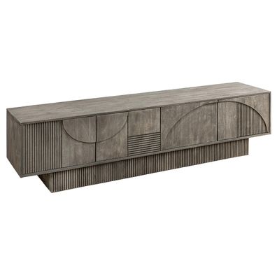 Estila Dizajnový art deco obdĺžnikový TV stolík Sonia zo sivého mangového dreva so štyrmi dvierkami s geometrickým reliéfom 200 cm
