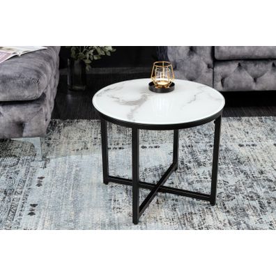 Estila Moderný okrúhly príručný stolík Industria Marbleux s doskou v prevedení biely mramor a čiernou kovovou podstavou 50cm