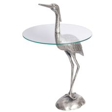 Estila Dizajnový okrúhly príručný stolík Ardea so skulpturálnou podstavou v tvare volavky v striebornej farbe 88 cm