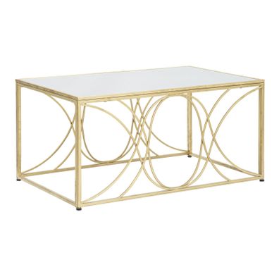 Estila Art deco obdĺžnikový zlatý kovový konferenčný stolík Lonia s ohnutými tyčami s vrchnou zrkadlovou doskou 90 cm