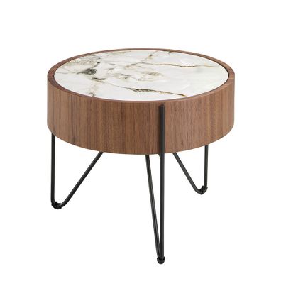Estila Luxusný moderný okrúhly príručný stolík Vita Naturale z dreva v hnedej farbe s vrchnou doskou s dizajnom bieleho mramoru 50 cm
